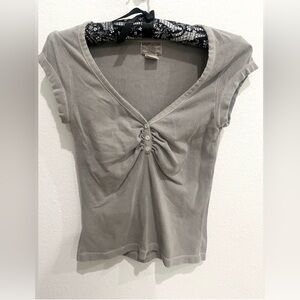 American Rag Y2K Ruched Henley V-neck Vampire Girlfriend Top, Med Juniors